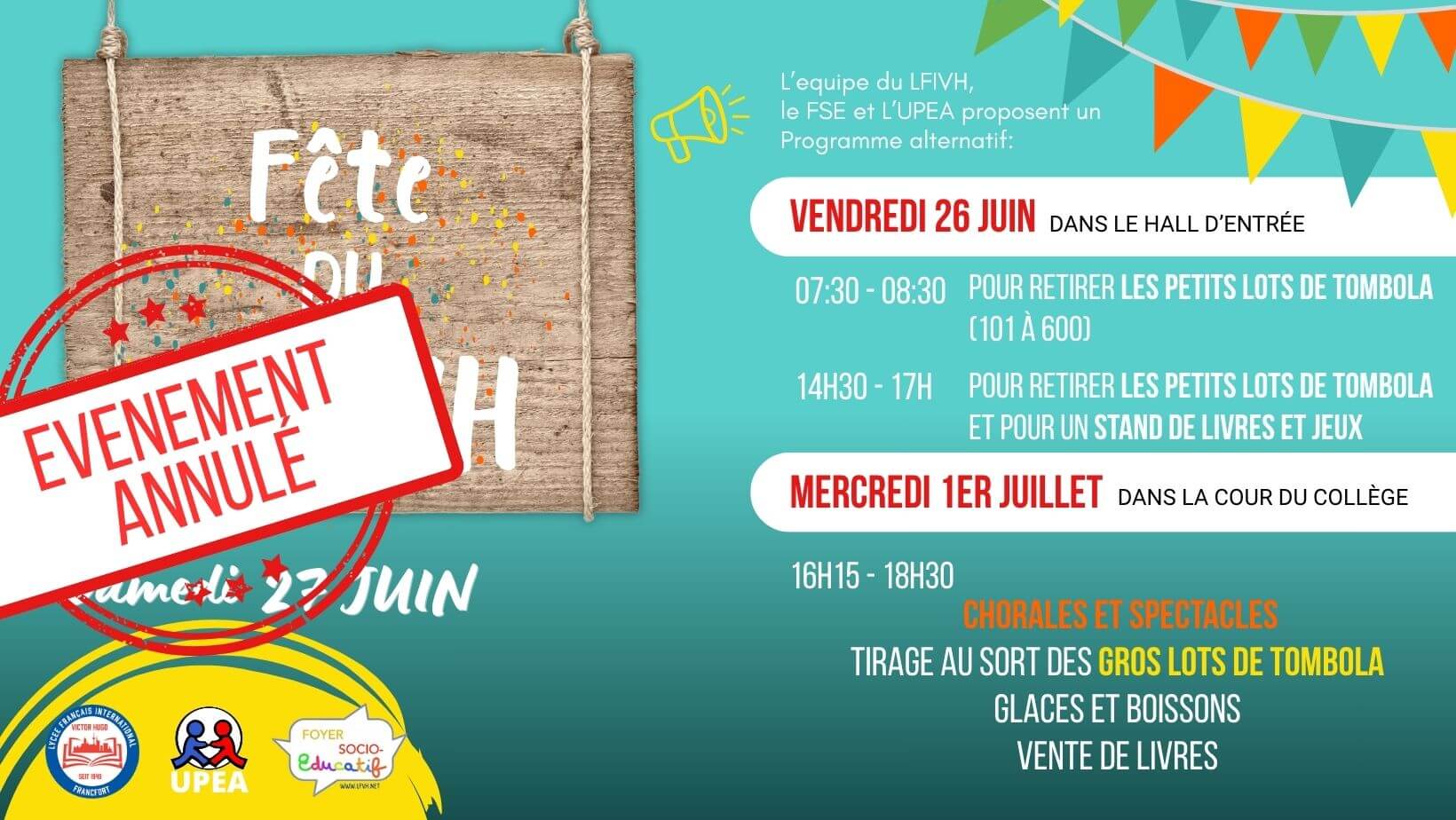 Annulation fête de l'ecole 2026 (Couverture Facebook)